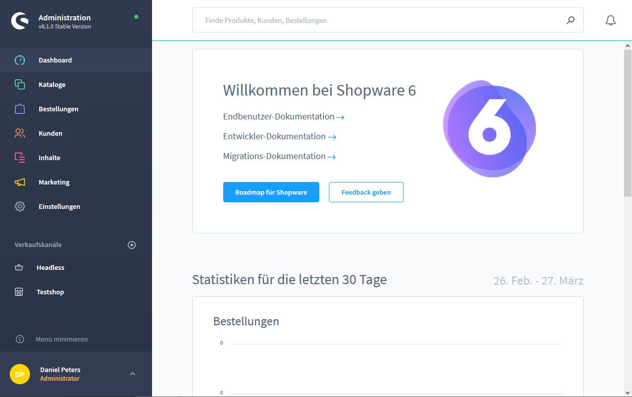 Admin-Bereich für das Shopsystem "Shopware 6"