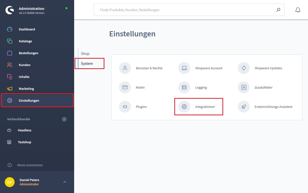 Menüaufruf für Integrationen